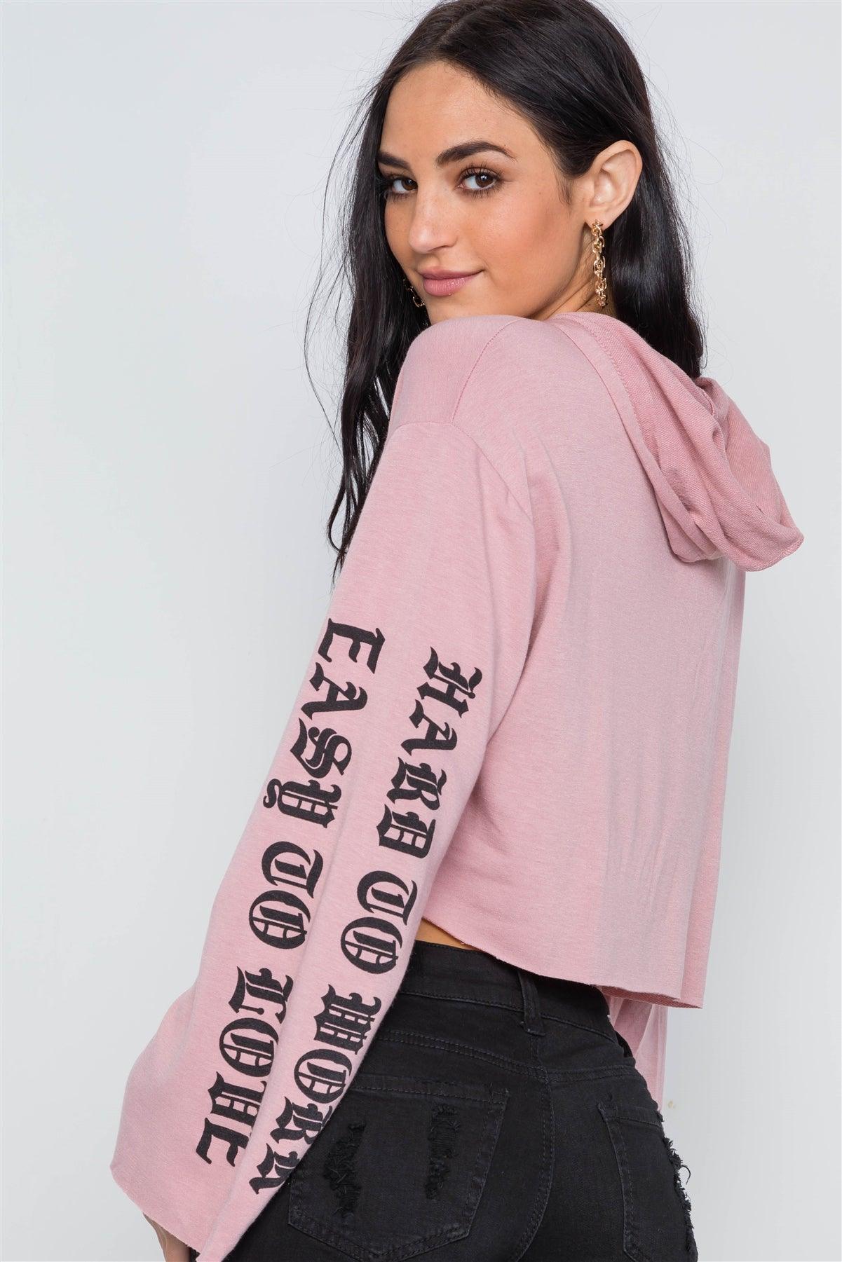 Mauve Graphic Print Long Sleeves Hooded Crop Top /2-2-2