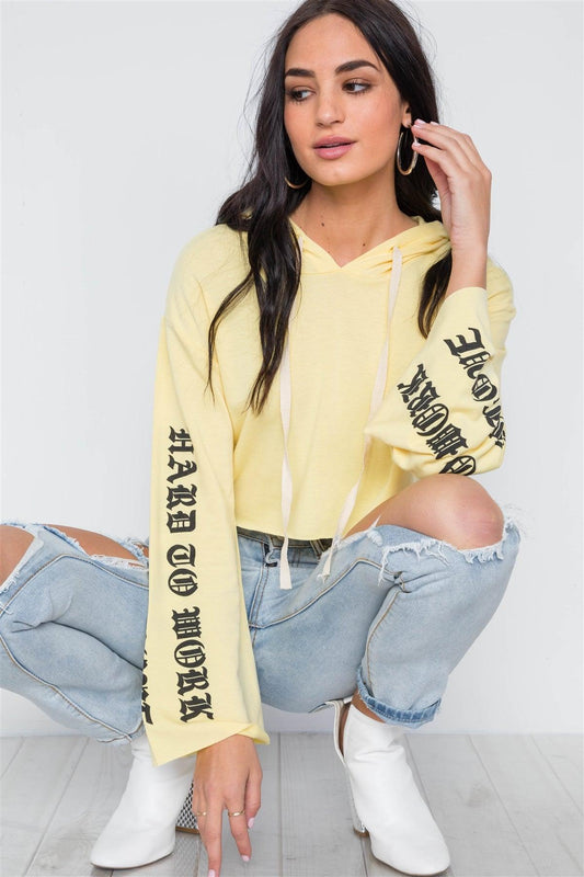 Yellow Graphic Print Long Sleeves Hooded Crop Top /3-2-2