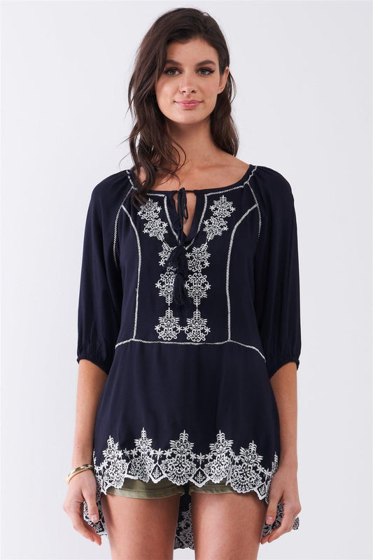 Navy & White Knit Embroidery Detail Self-Tie Front Round Neckline Balloon Sleeve Asymmetrical Tunic Top /1-2-2