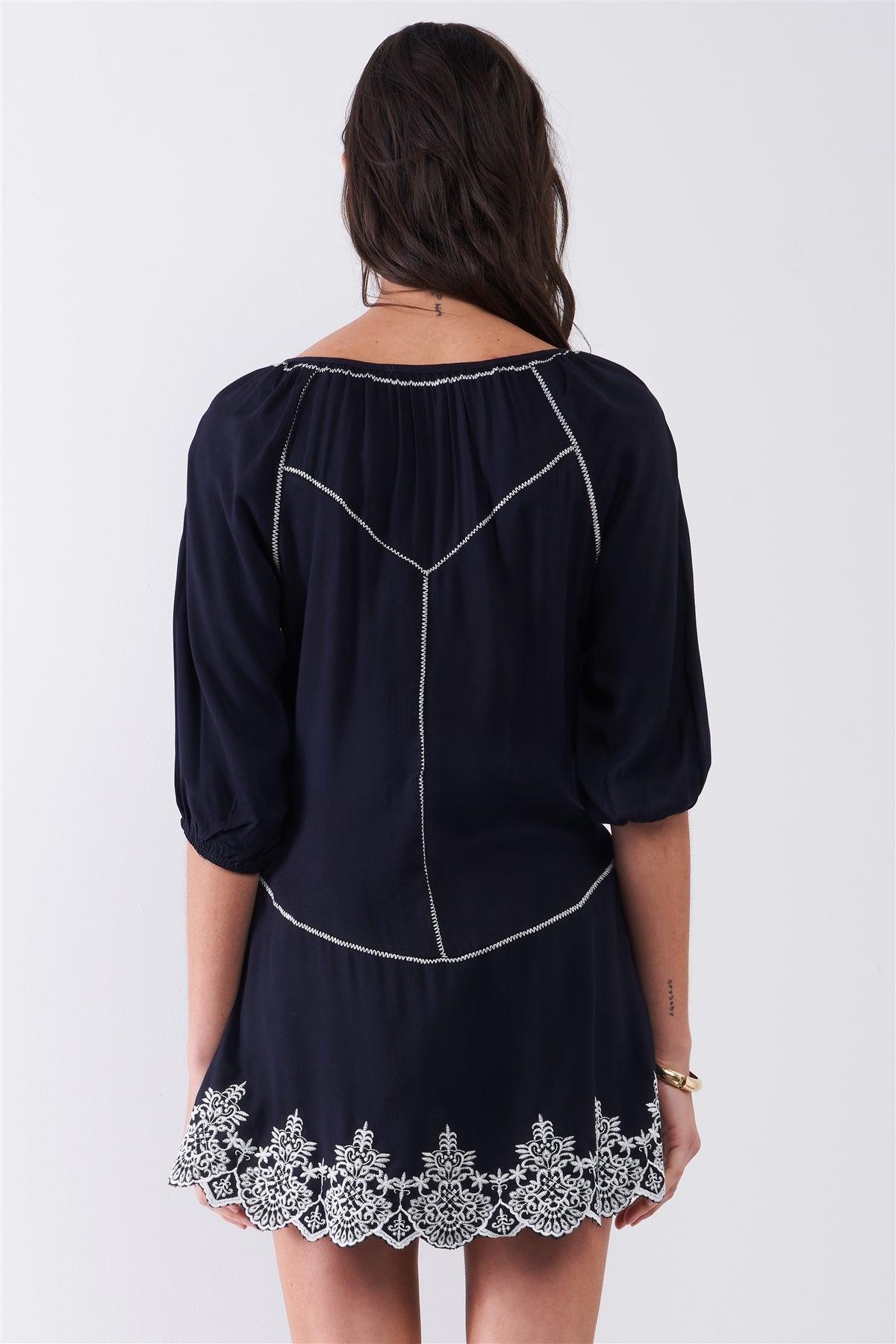 Navy & White Knit Embroidery Detail Self-Tie Front Round Neckline Balloon Sleeve Asymmetrical Tunic Top /1-2-2