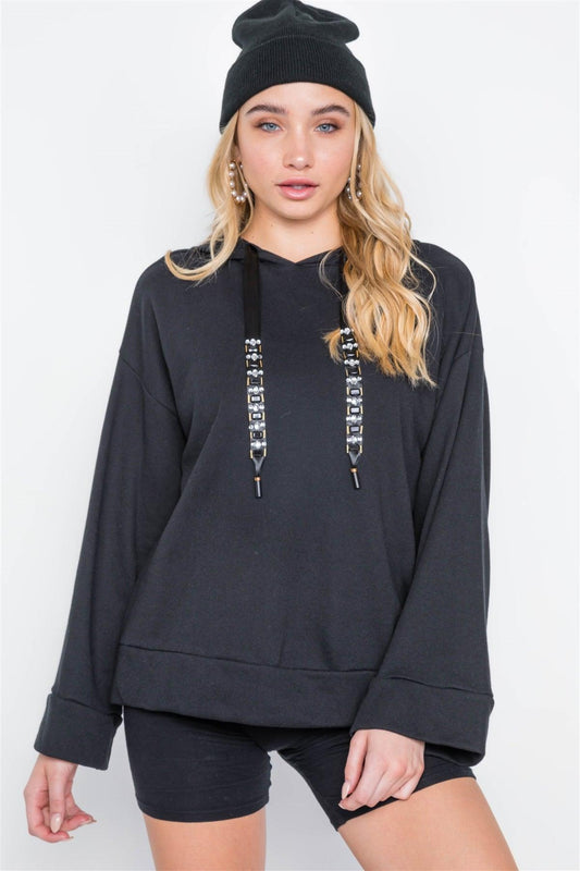 Black Long Sleeve Solid Rhinestone Hoodie /2-2-2