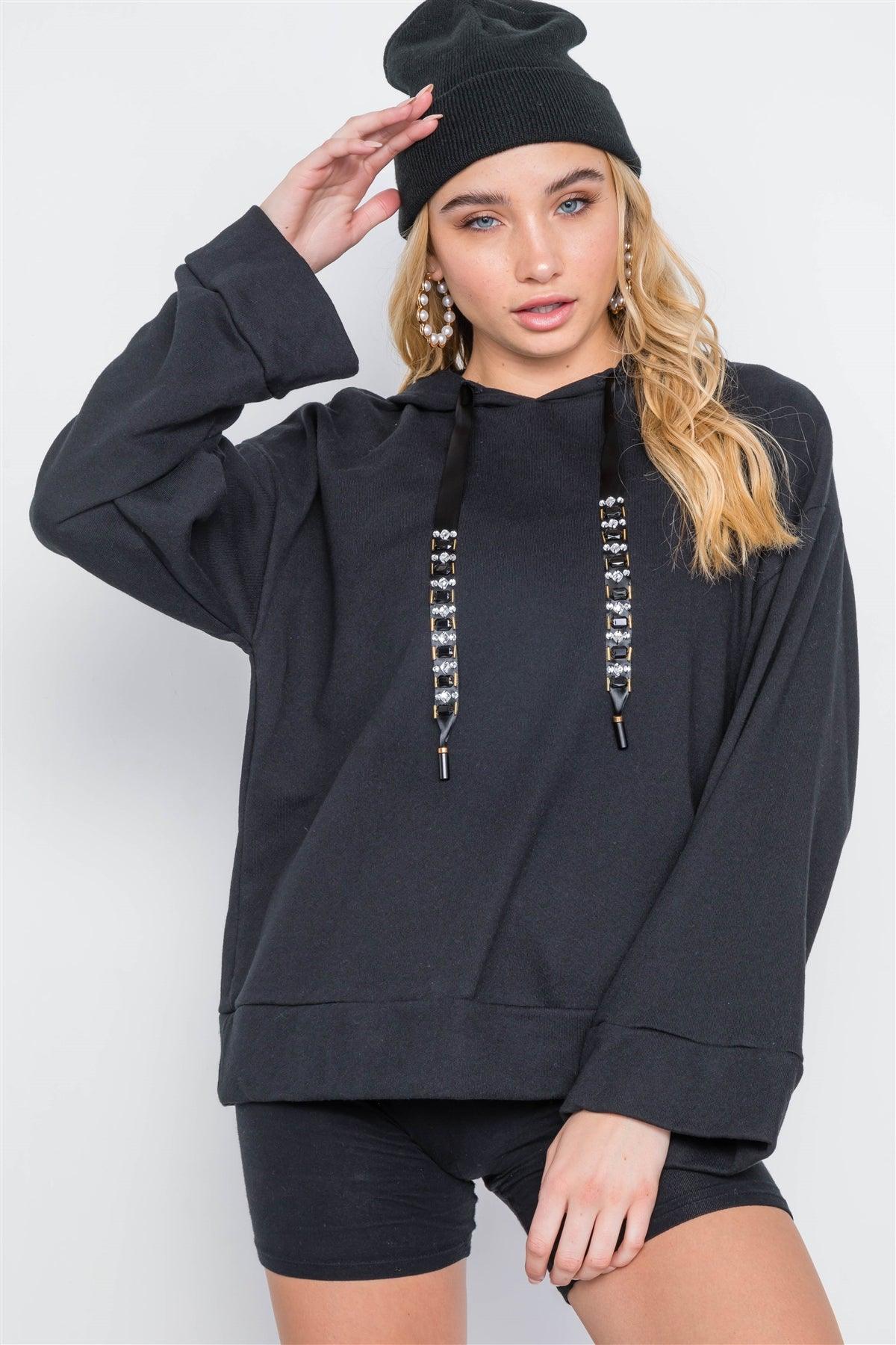 Black Long Sleeve Solid Rhinestone Hoodie /3-2-2