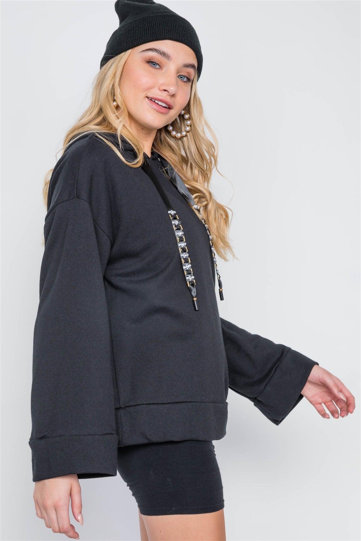 Black Long Sleeve Solid Rhinestone Hoodie /3-2-2