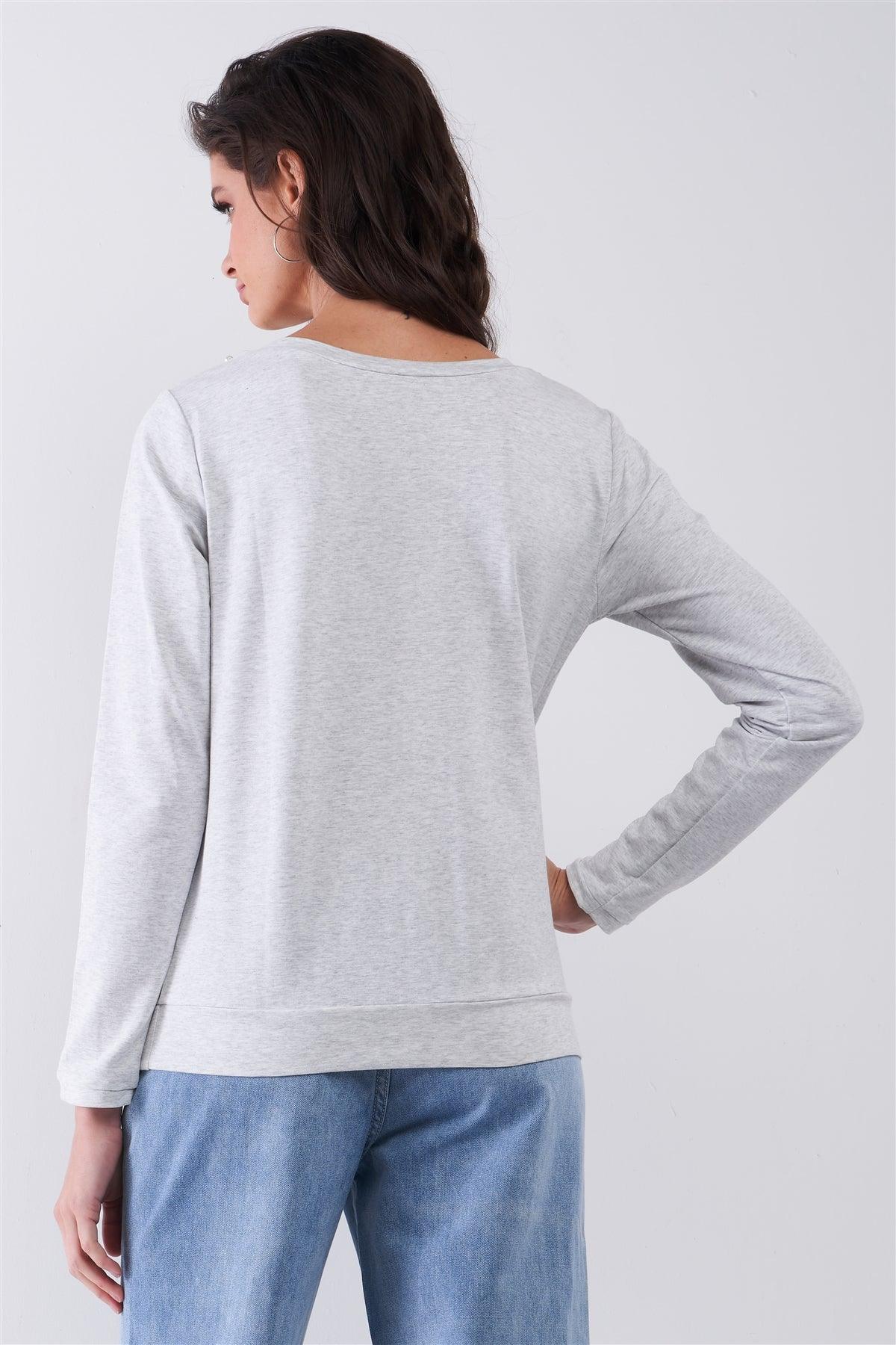 Heather Grey Long Sleeve Pearl & Gem Embroidery Detail Round Neck Top /1-2-2