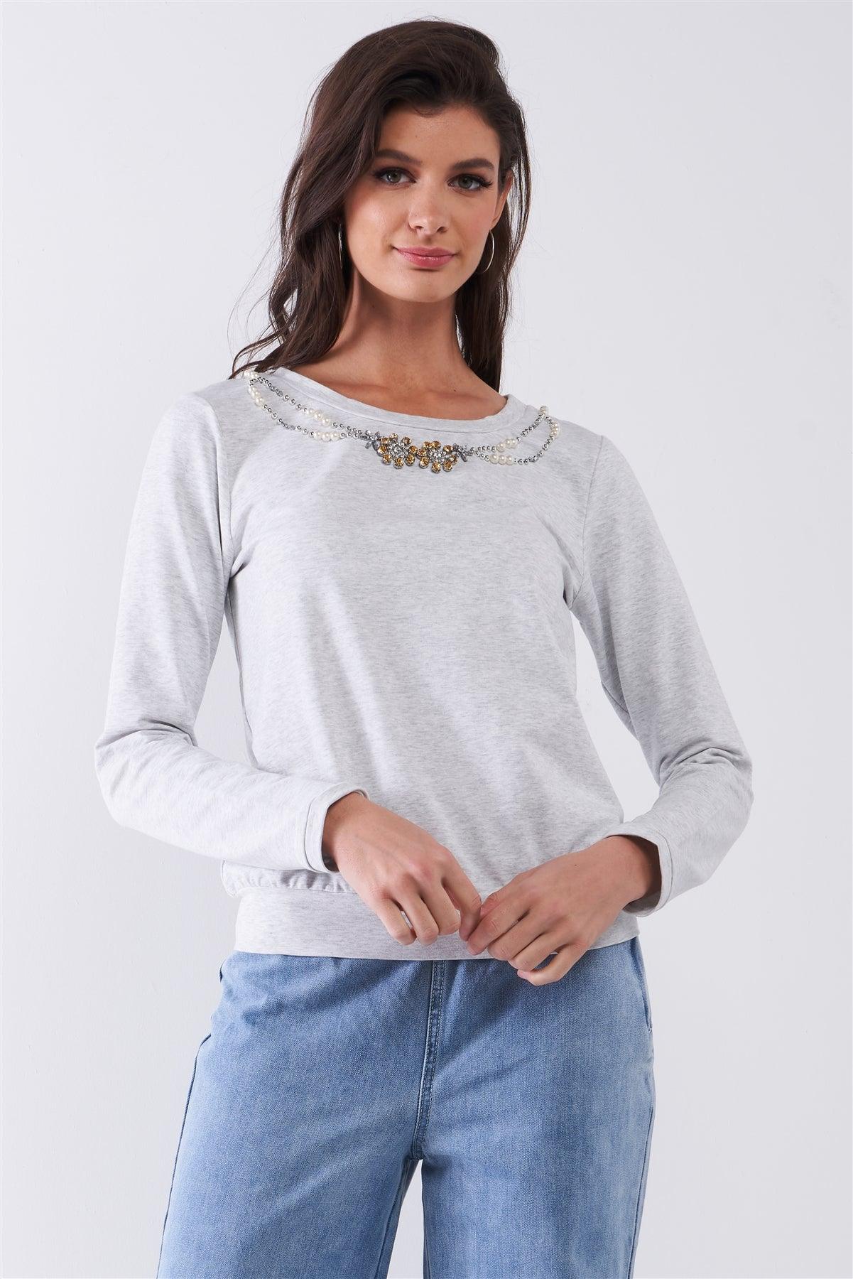 Heather Grey Long Sleeve Pearl & Gem Embroidery Detail Round Neck Top /1-2-3-1