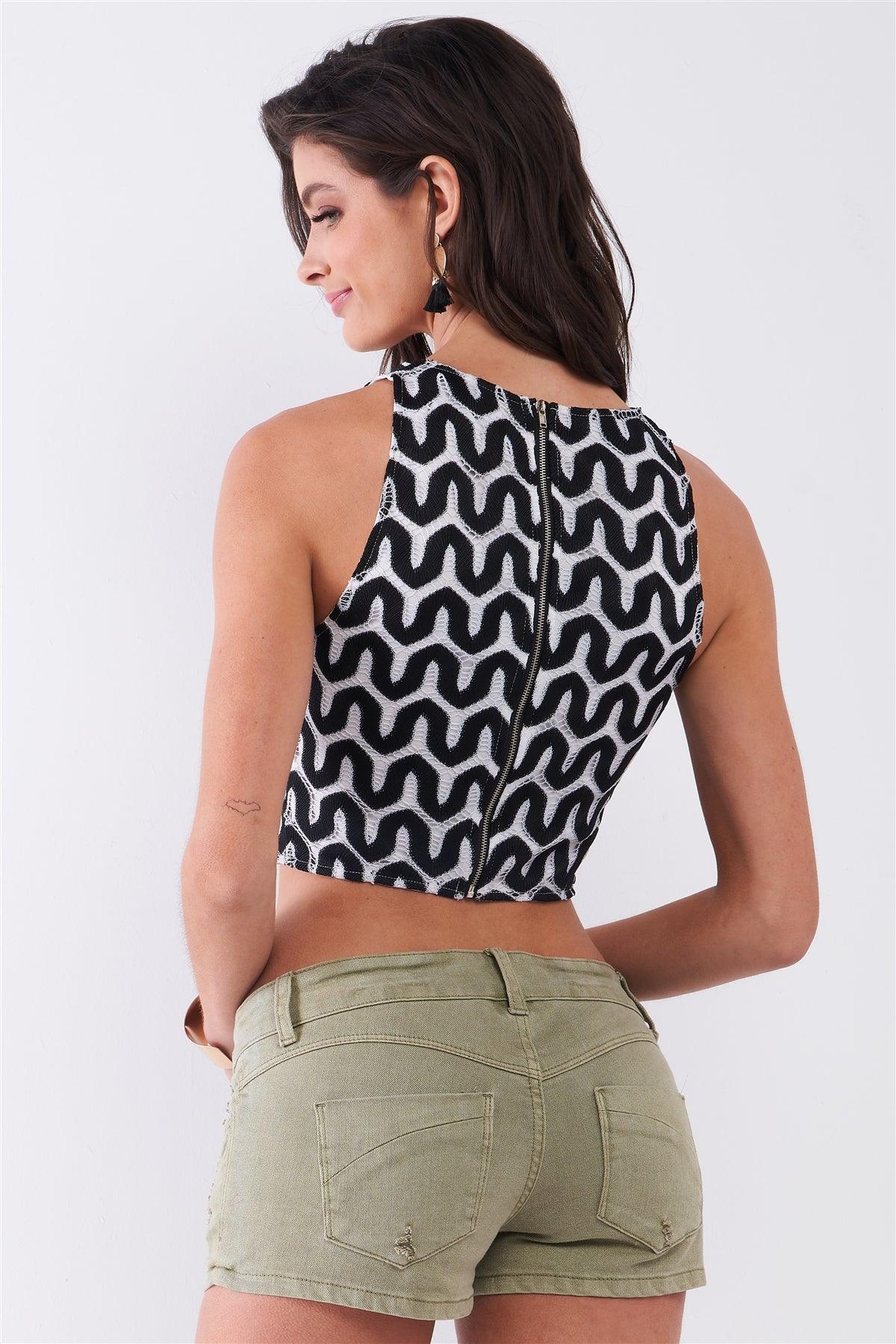 Black & White Sleeveless Weave Pattern Round Neck Back Zip-Up Detail Crop Top /1-1-2-1