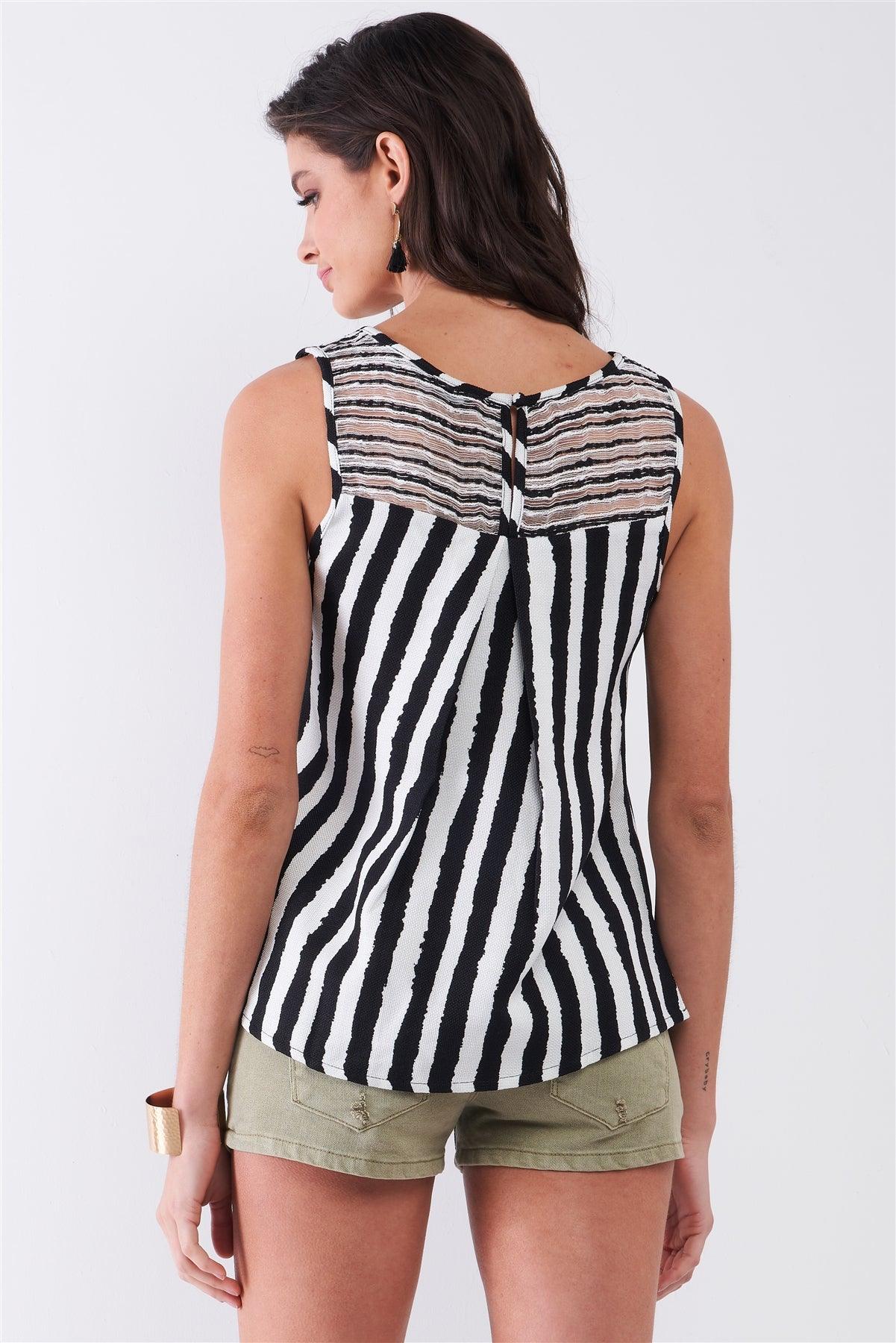 Black & White Striped Sleeveless Knit Crochet Back Trim Pleated Detail Top /3-2