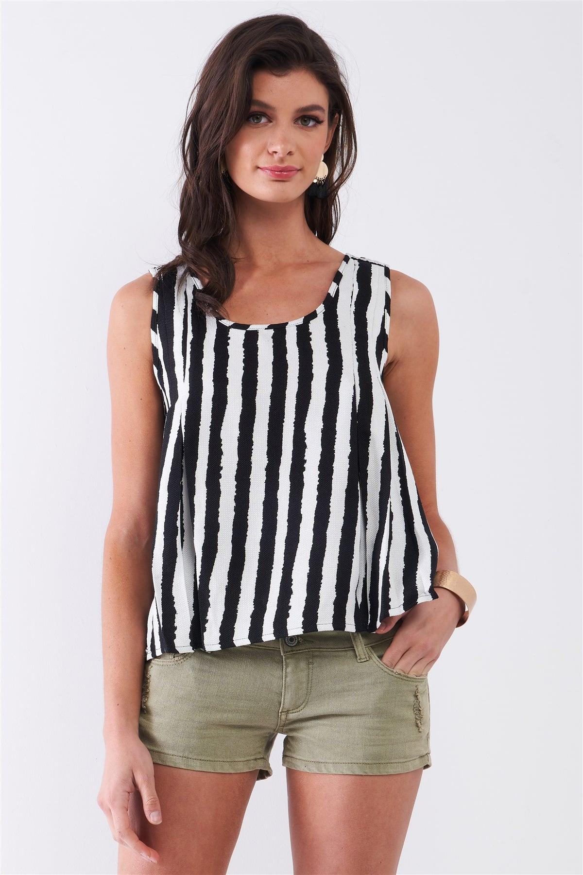 Black & White Striped Sleeveless Knit Crochet Back Trim Pleated Detail Top /3-2