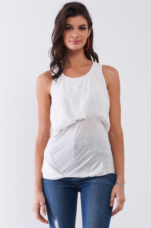 White & Grey Combined Sleeveless Crew Neck Uneven Top /1-2-2-1