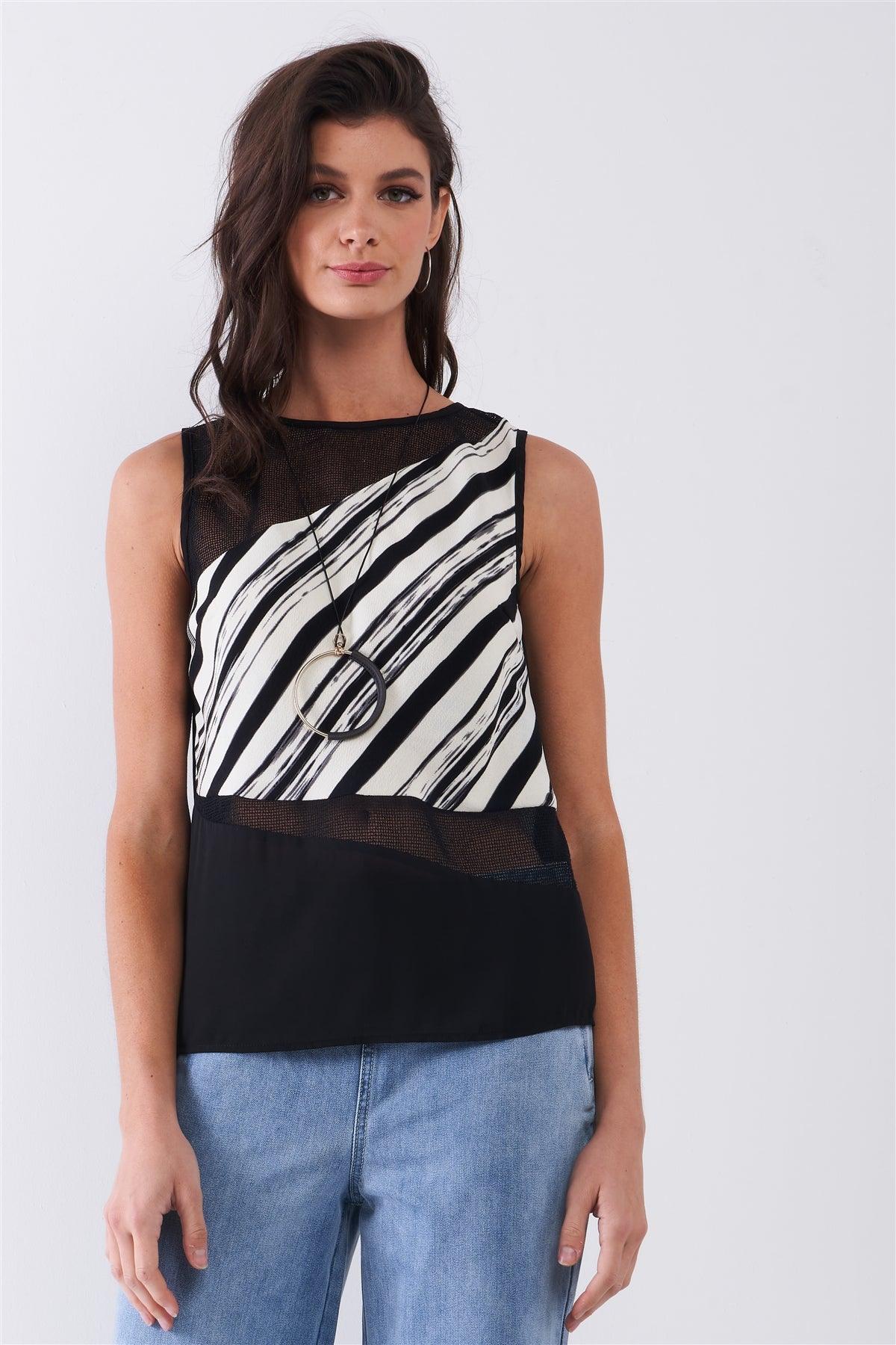 Black & Cream White Brushstroke Print Sleeveless Net Mesh Cut-Ins Back Slit Detail Top /2-1-2-1