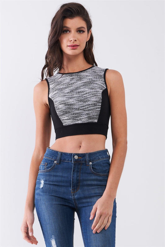 Black & White Sleeveless Knit Trim Round Neck Back Zip-Up Detail Crop Top /1-2-2-1