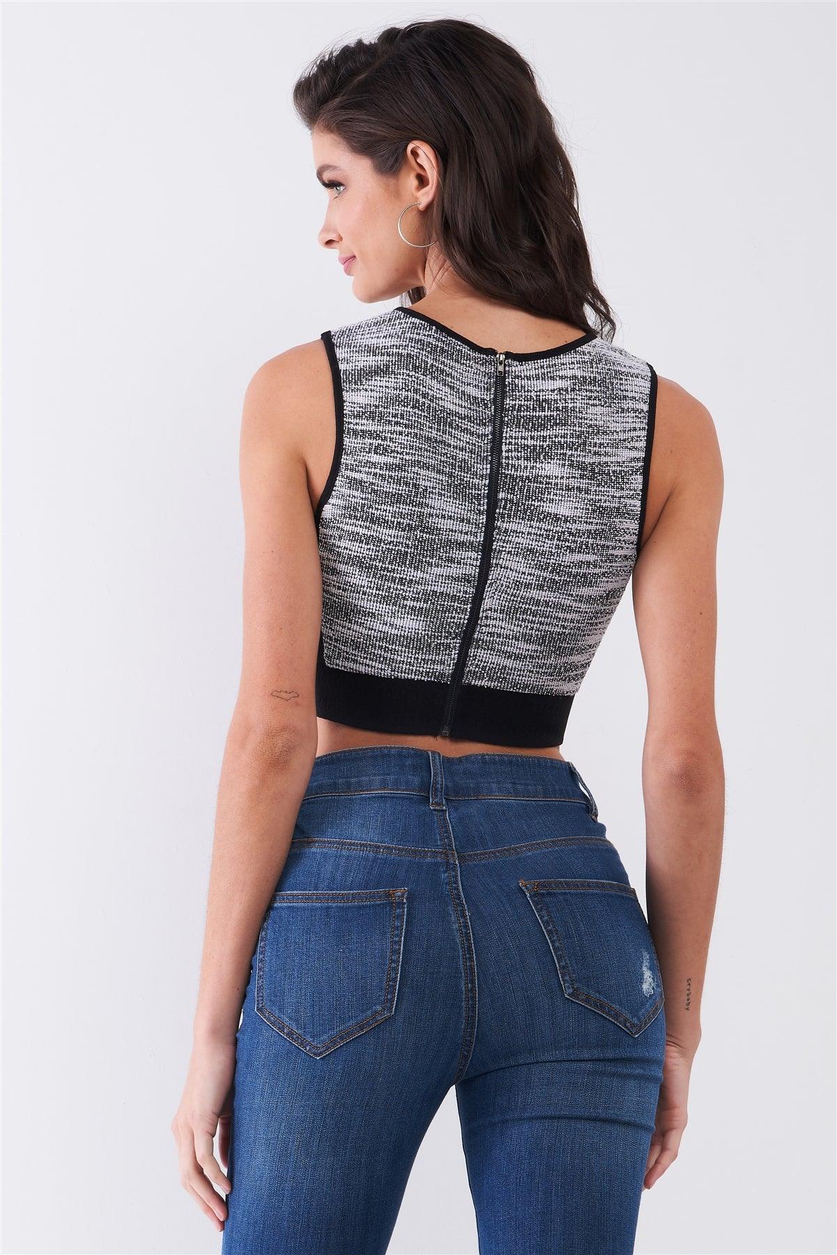 Black & White Sleeveless Knit Trim Round Neck Back Zip-Up Detail Crop Top /1-1-2-2