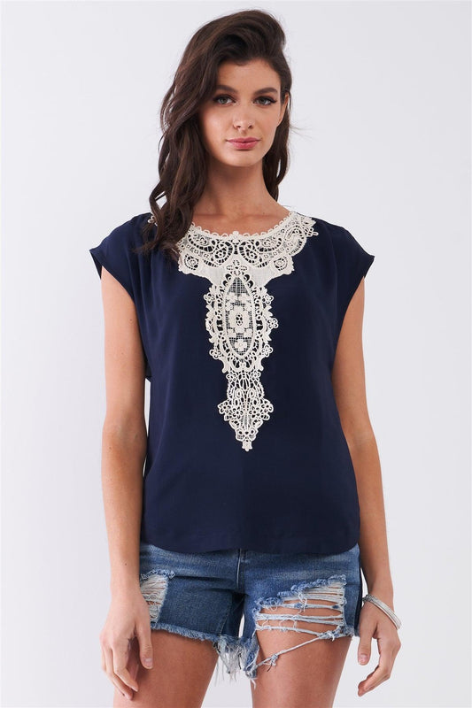 Navy & Cream Crochet Embroidery Front Trim Sleeveless Round Neck Smock Back Detail Relaxed Top /1-2-2-1