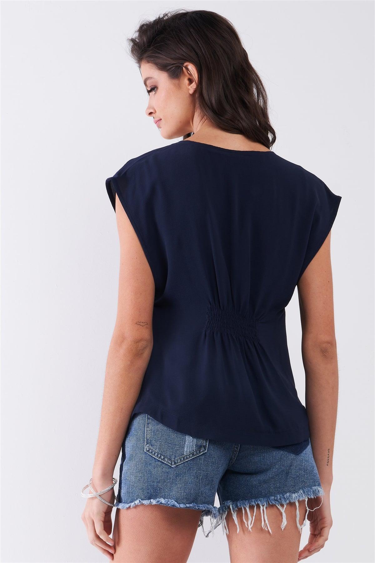 Navy & Cream Crochet Embroidery Front Trim Sleeveless Round Neck Smock Back Detail Relaxed Top /1-2-2-1