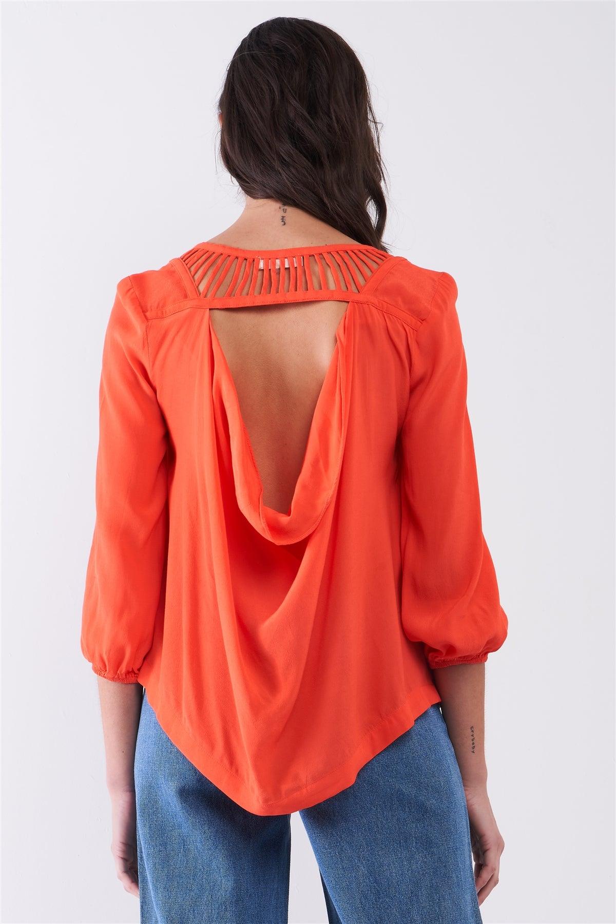 Bright Red Roman Backline Detail Balloon Sleeve Uneven Top /1-2-2-1