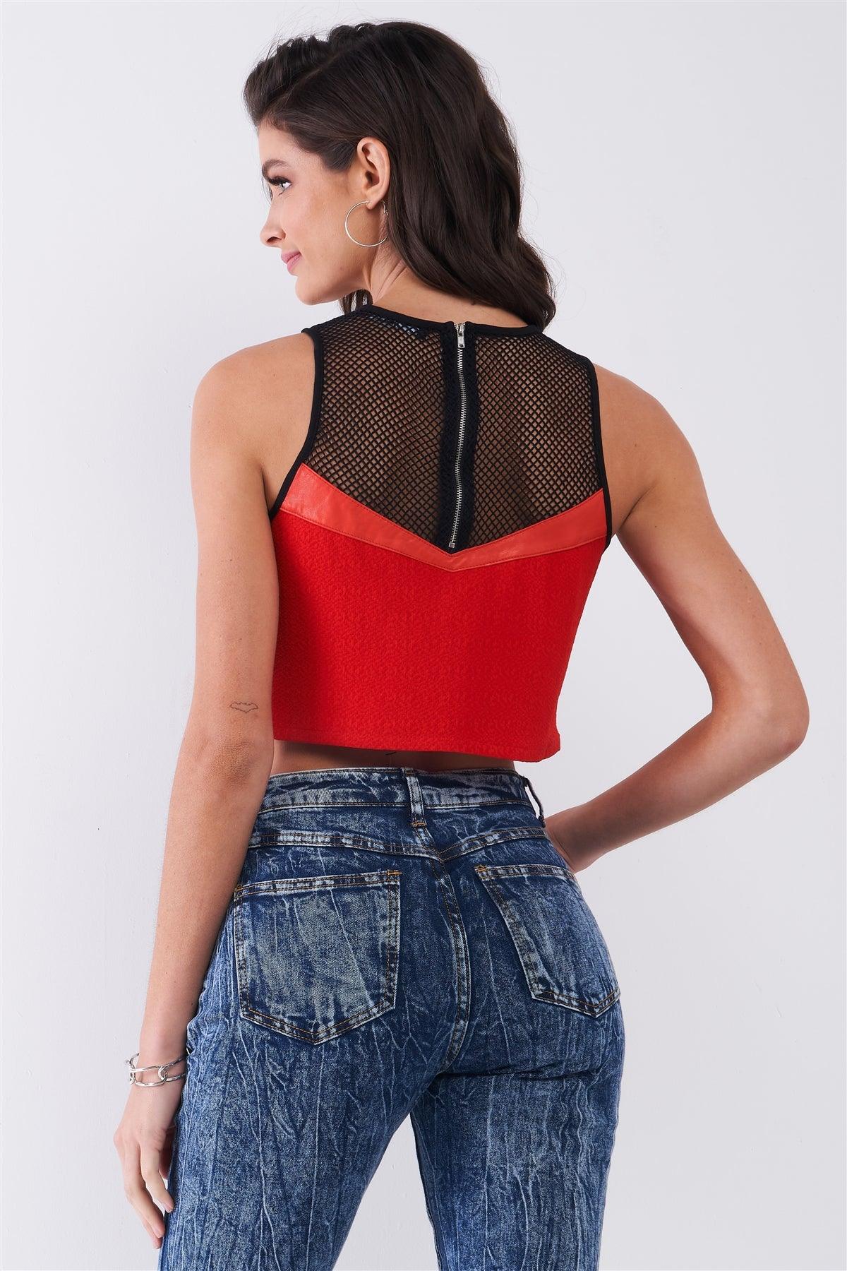 Red Sleeveless Tennis Net Round Neck Vegan Leather Trim Detail Crop Top /1-2-2