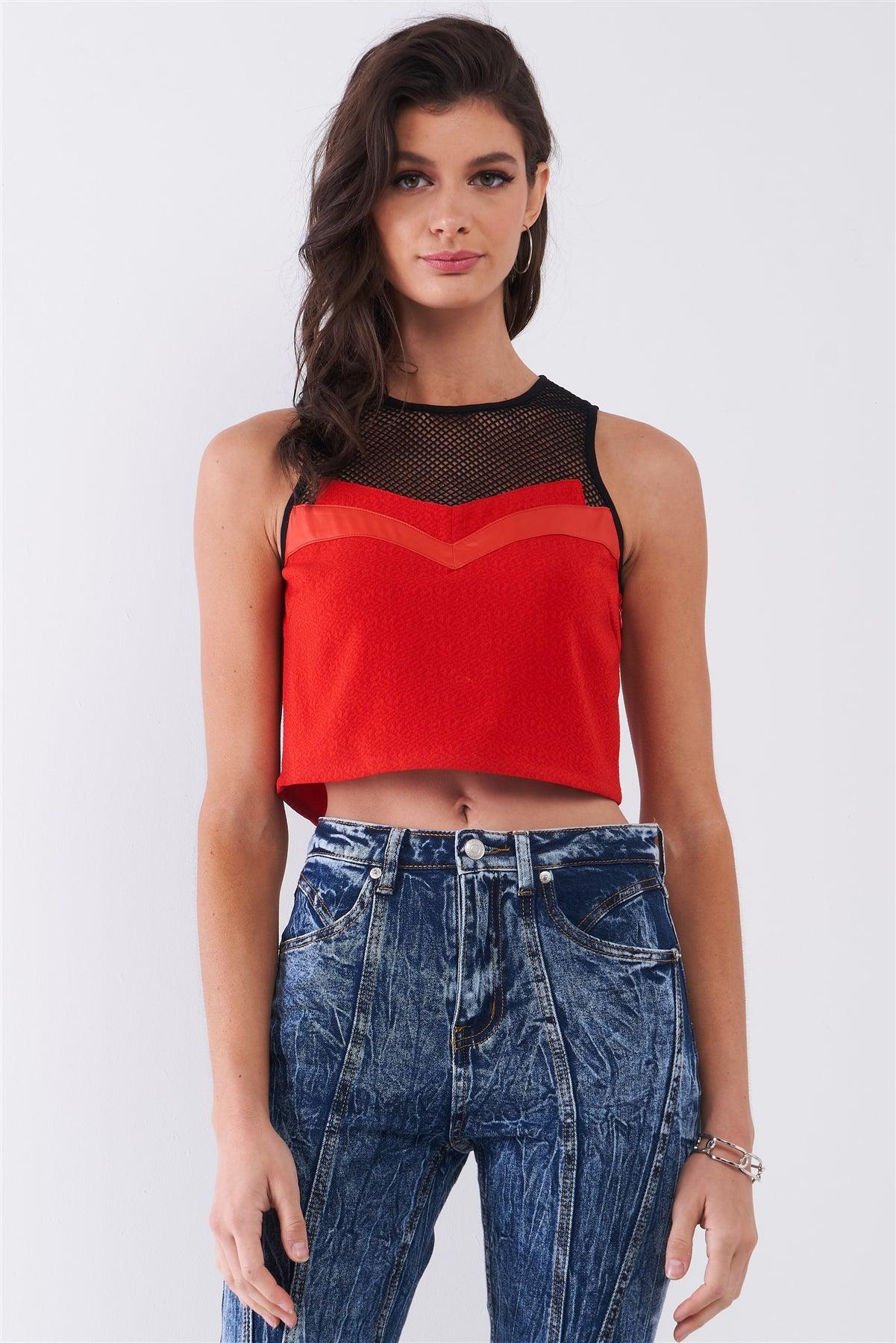 Red Sleeveless Tennis Net Round Neck Vegan Leather Trim Detail Crop Top /1-2-2