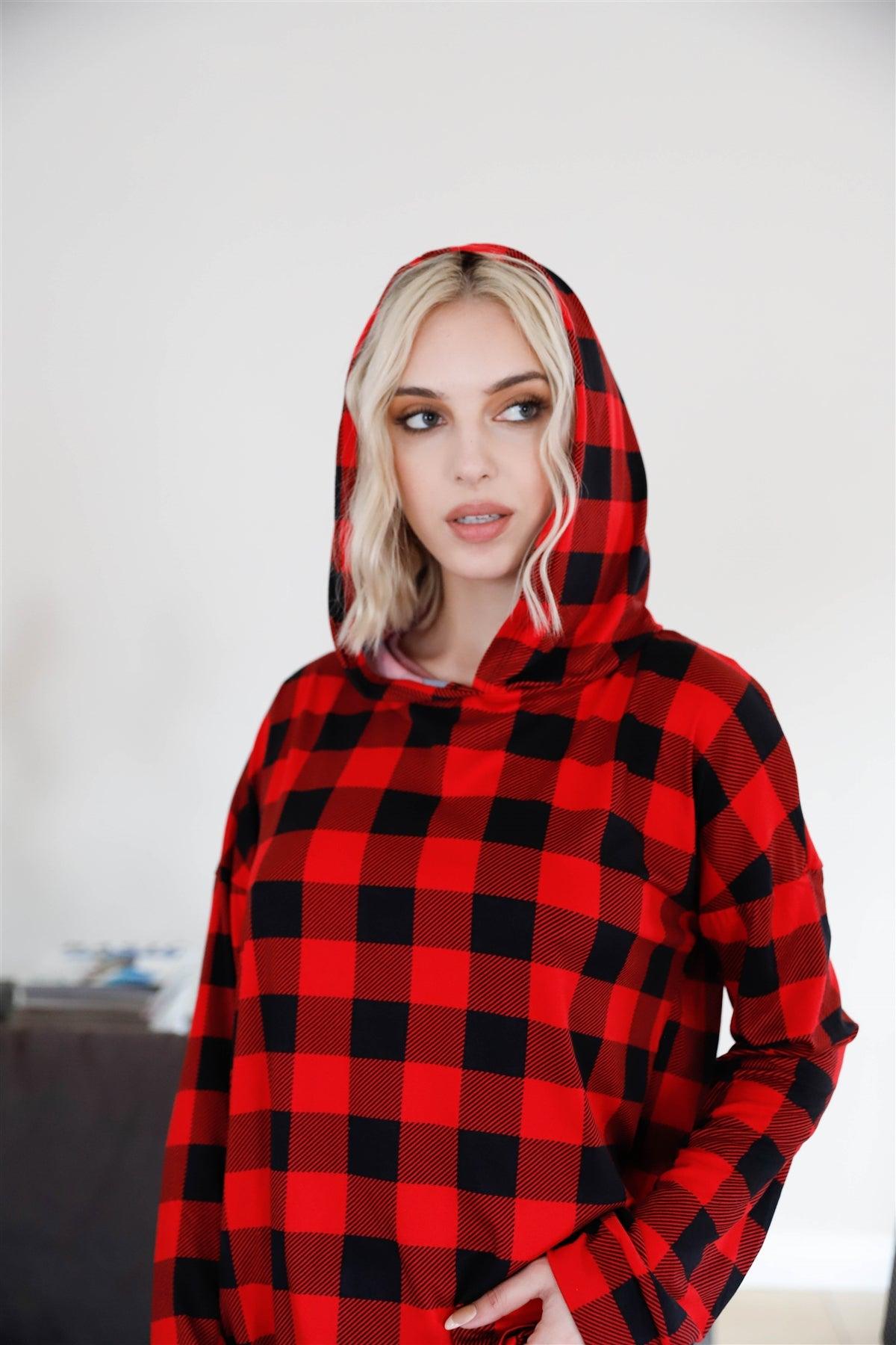 Red & Black Plaid Long Sleeve Hooded Sweater /2-4