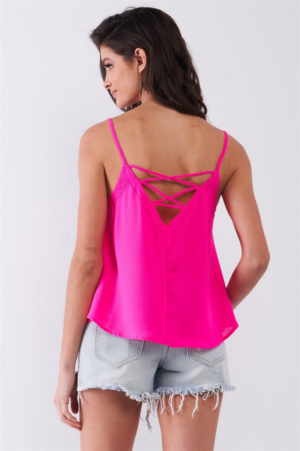 Hot Pink Sleeveless V-Neck Lace-Up Back Detail Babydoll Top /2-1-1-1