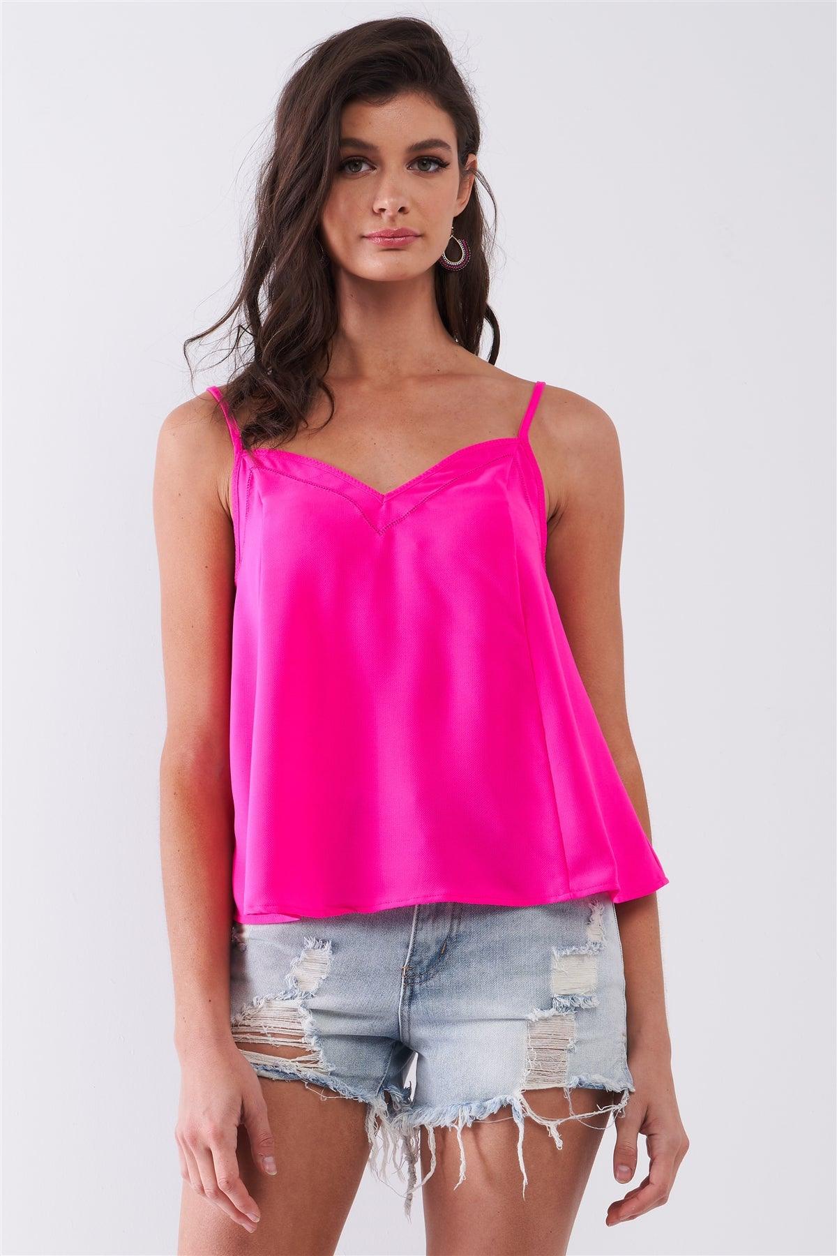 Hot Pink Sleeveless V-Neck Lace-Up Back Detail Babydoll Top /2-1-1-1