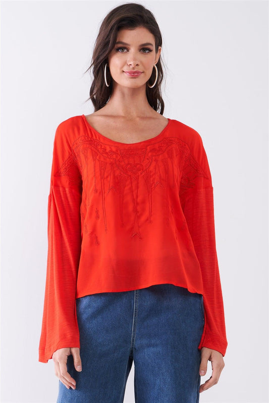 Crimson Red Combined Embroidered Trim Long Sleeve Round Neck Top /1-2-2-1