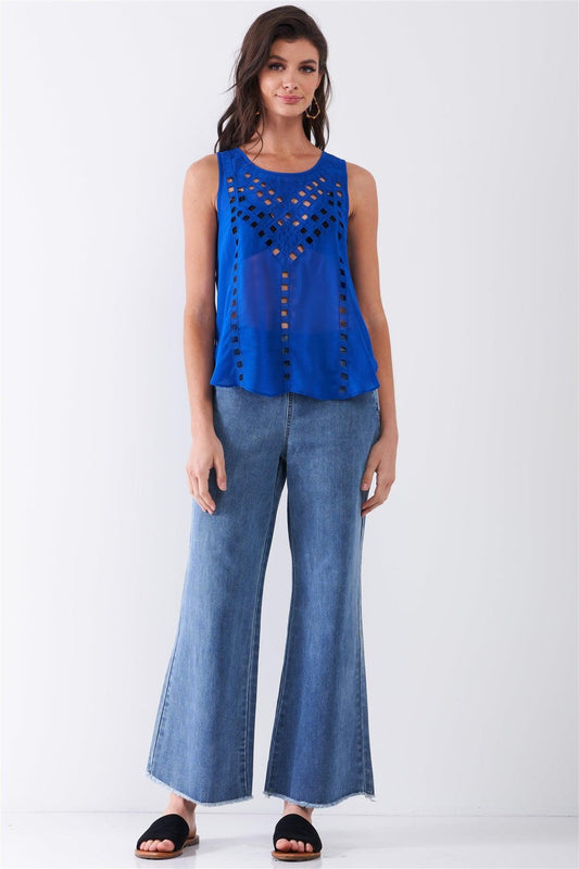 Cobalt Blue Sleeveless Embroidered Cut-Out Front Trim Round Neck Side Slit Detail Top /1-1-2-1