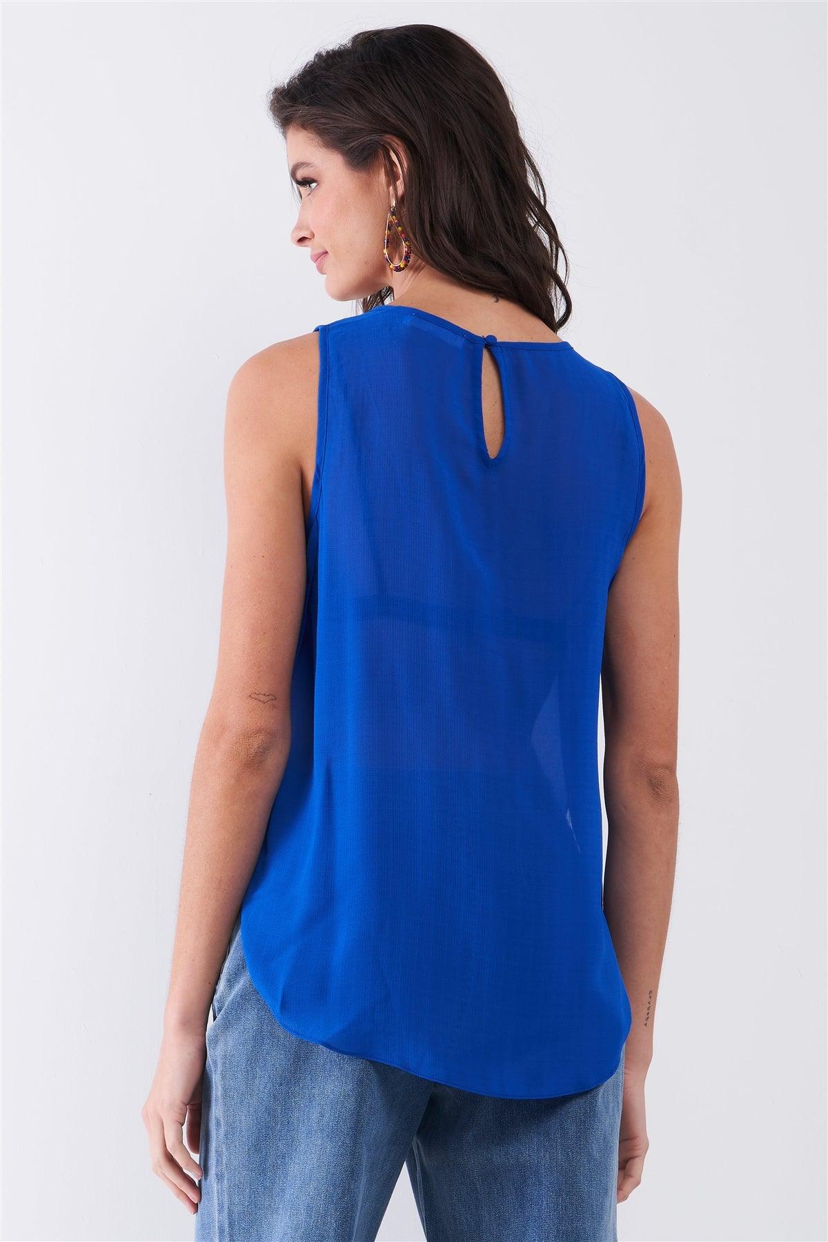 Cobalt Blue Sleeveless Embroidered Cut-Out Front Trim Round Neck Side Slit Detail Top /1-1-2-1