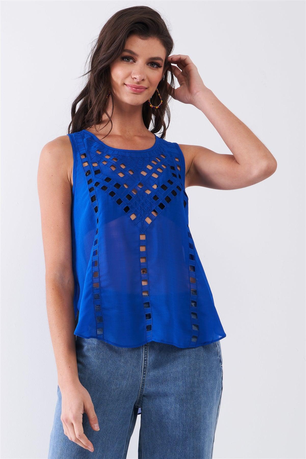 Cobalt Blue Sleeveless Embroidered Cut-Out Front Trim Round Neck Side Slit Detail Top /1-1-2-1