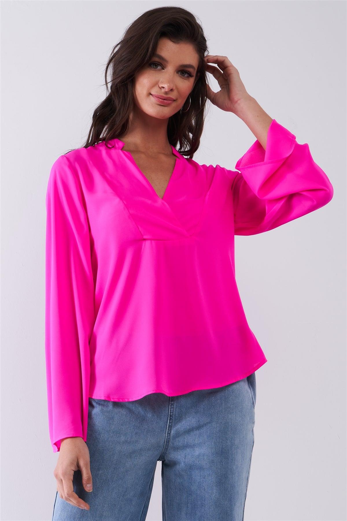 Neon Pink Mock-Blazer Collar V-Neck Detail Long Trumpet Sleeve Relaxed Blouse Top /1-2-2-1