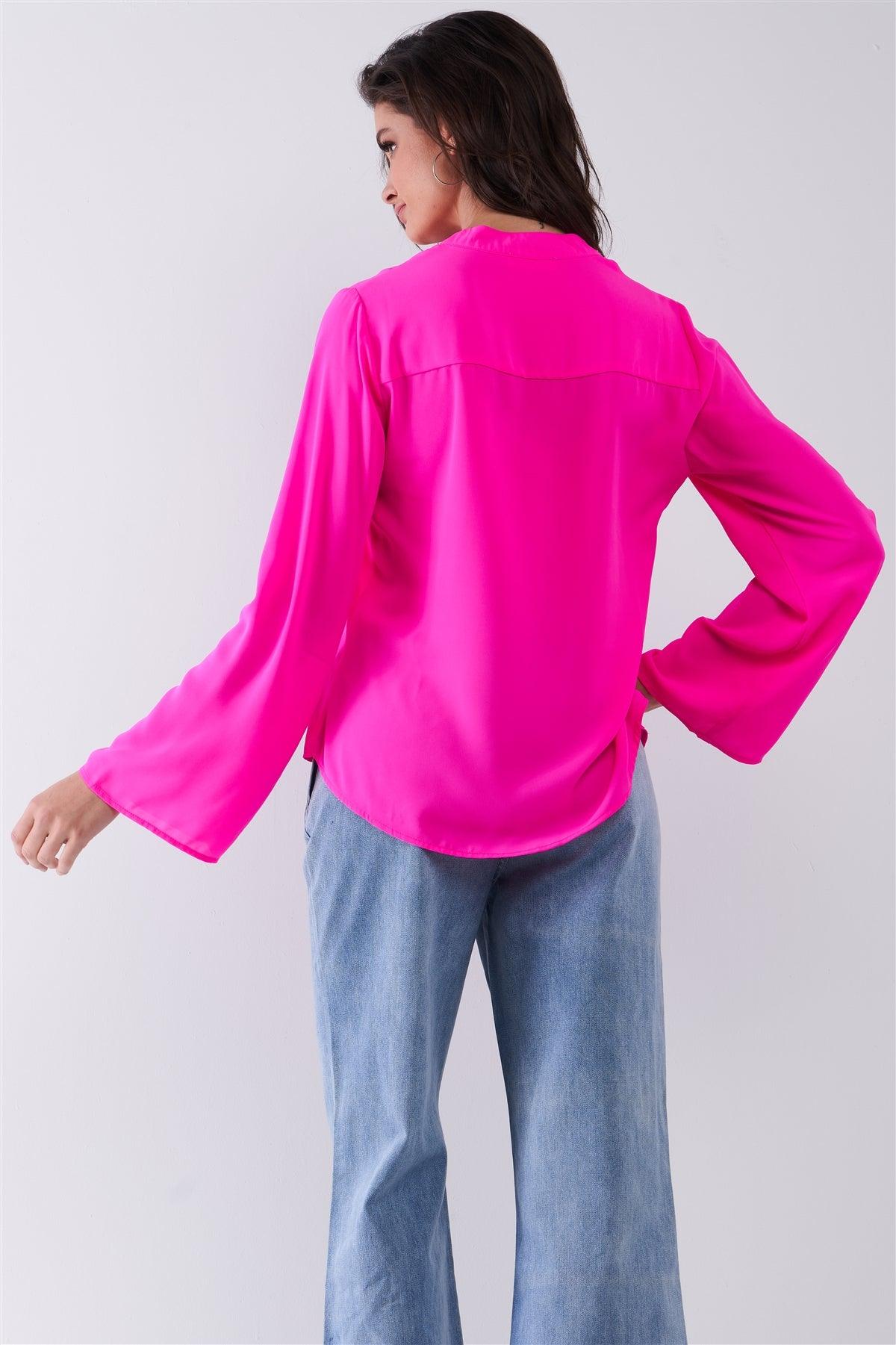 Neon Pink Mock-Blazer Collar V-Neck Detail Long Trumpet Sleeve Relaxed Blouse Top /1-2-2-1