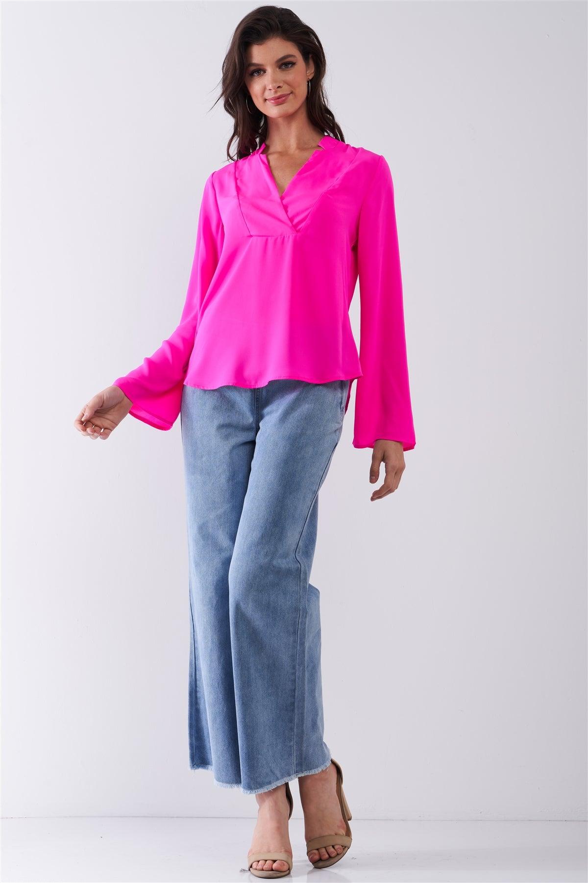 Neon Pink Mock-Blazer Collar V-Neck Detail Long Trumpet Sleeve Relaxed Blouse Top /1-2-2-1