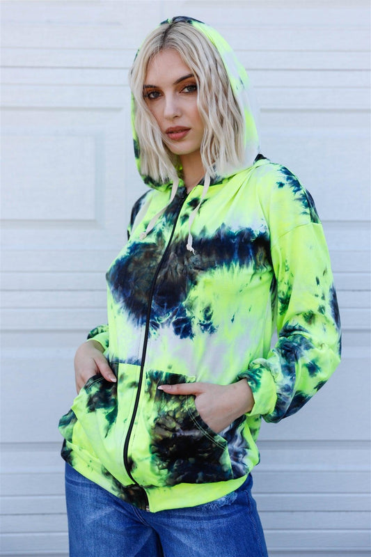 Neon Yellow Black Tie-Dye Zip-Up Hooded Sweater /2-2-2