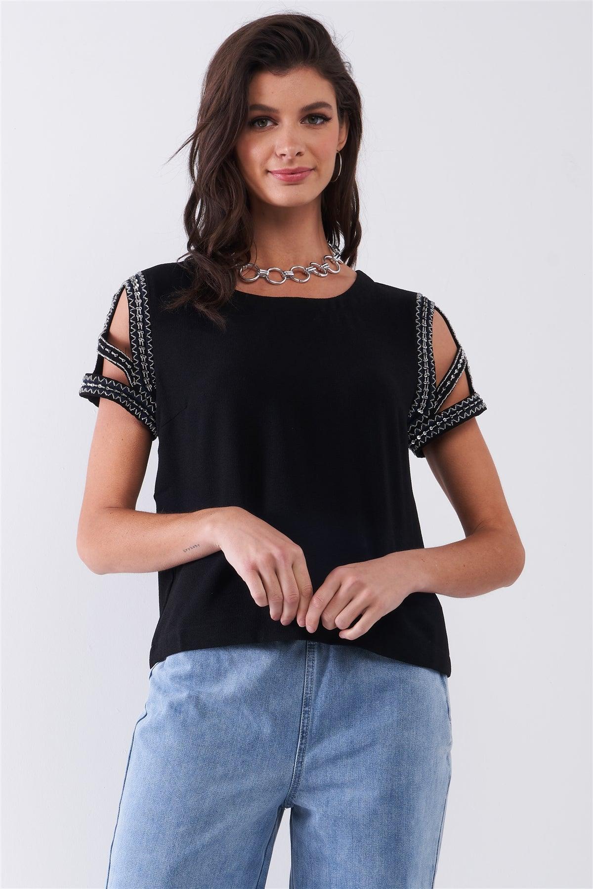 Black Round Neck Glittery Bead Embroidery Cut-Out Sleeve Detail Relaxed Top /1-2-2-1