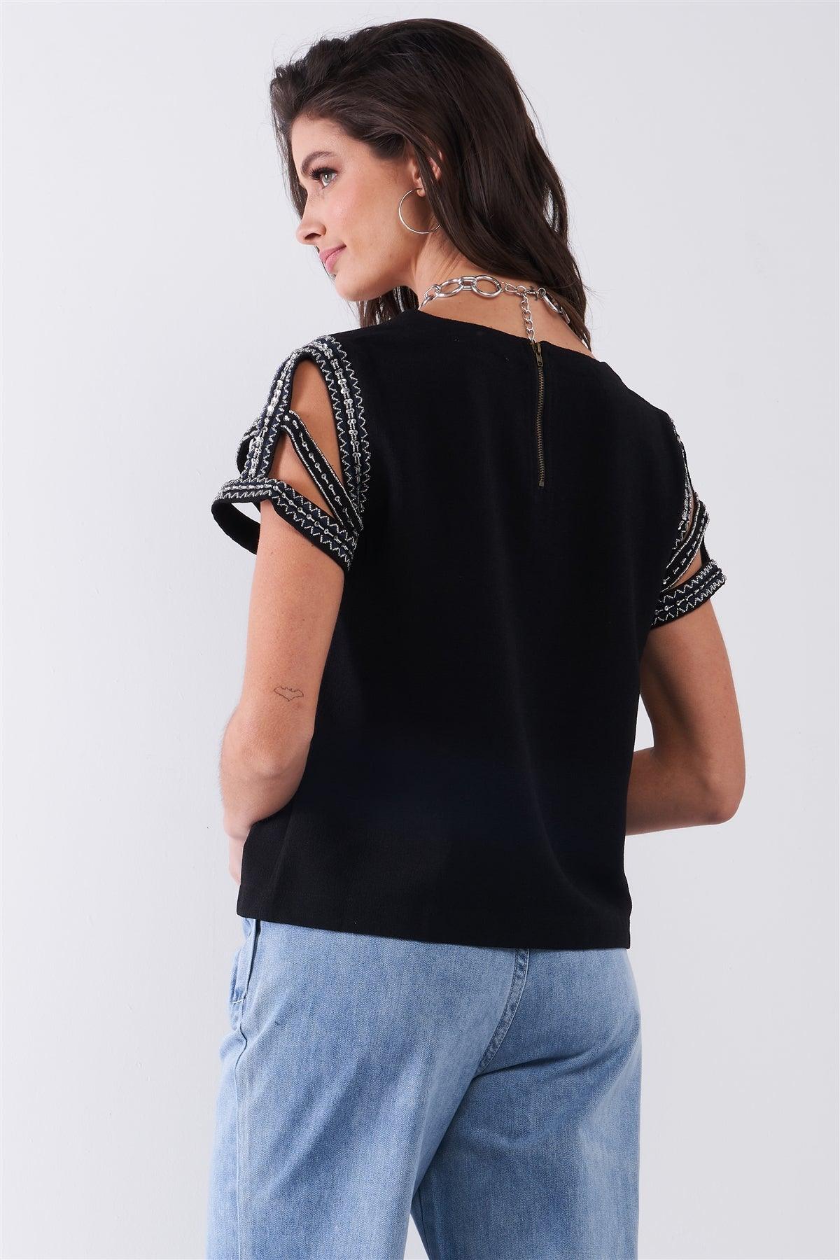 Black Round Neck Glittery Bead Embroidery Cut-Out Sleeve Detail Relaxed Top /1-2-2-1