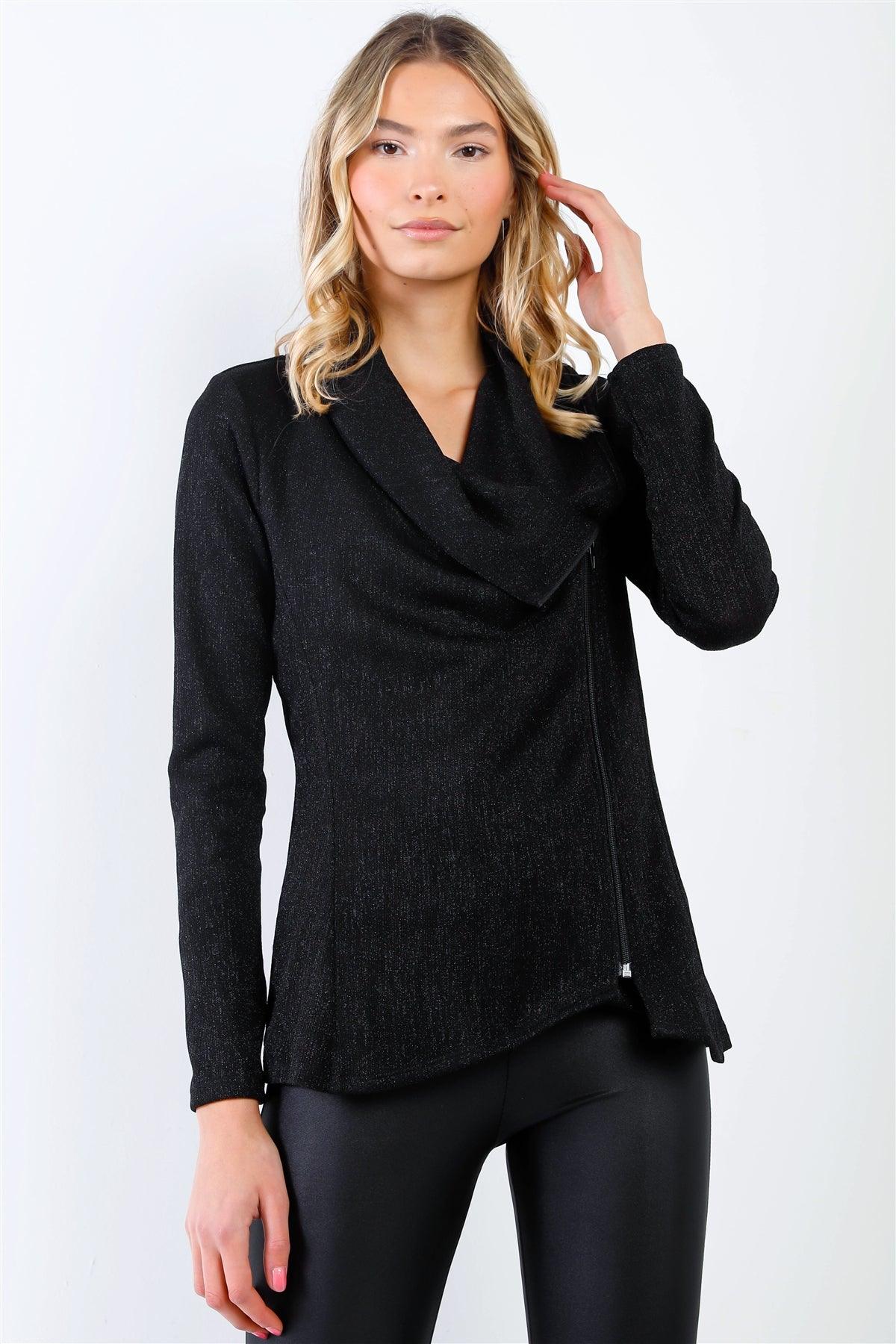 Black Lurex Draped Collar Side Zip Up Lightweight Jacket /2-2-2