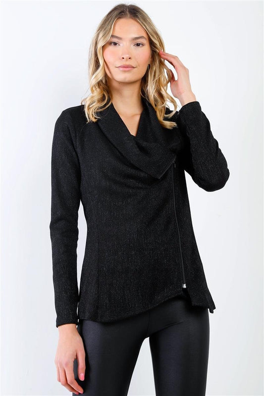 Black Lurex Draped Collar Side Zip Up Lightweight Jacket /2-2-3