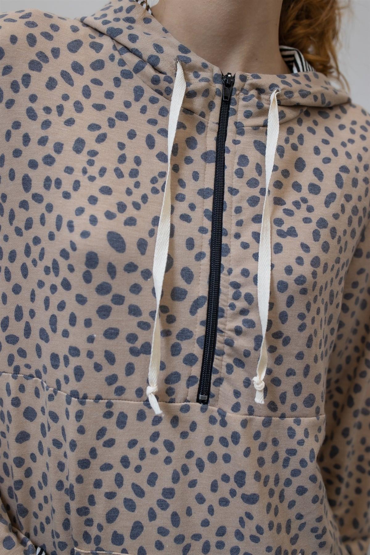 Leopard Print Long Sleeve Stripped Lined Hooded Zip Up Hoodie Top