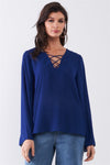 Deep Blue Long Sleeve Lace-Up Front V-Neck Detail Relaxed Blouse Top /1-1-2