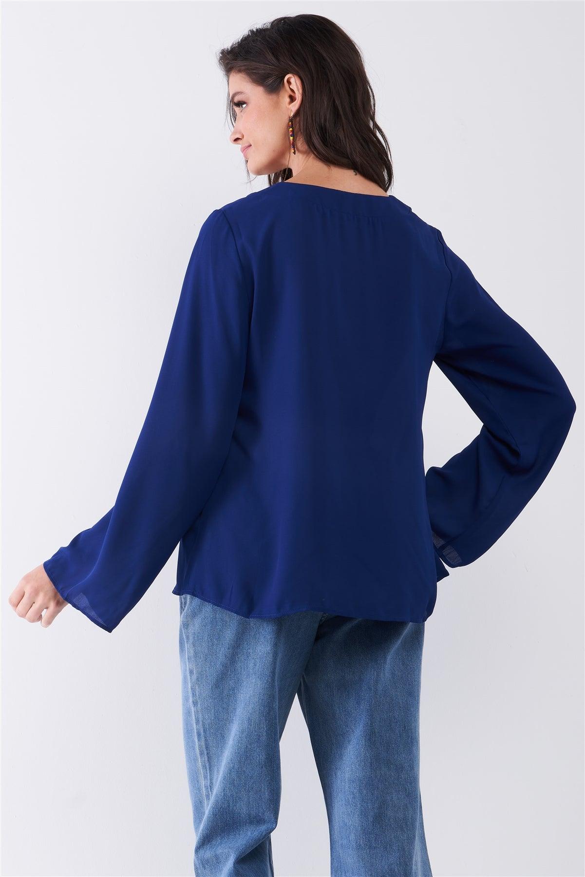 Deep Blue Long Sleeve Lace-Up Front V-Neck Detail Relaxed Blouse Top /1-1-2