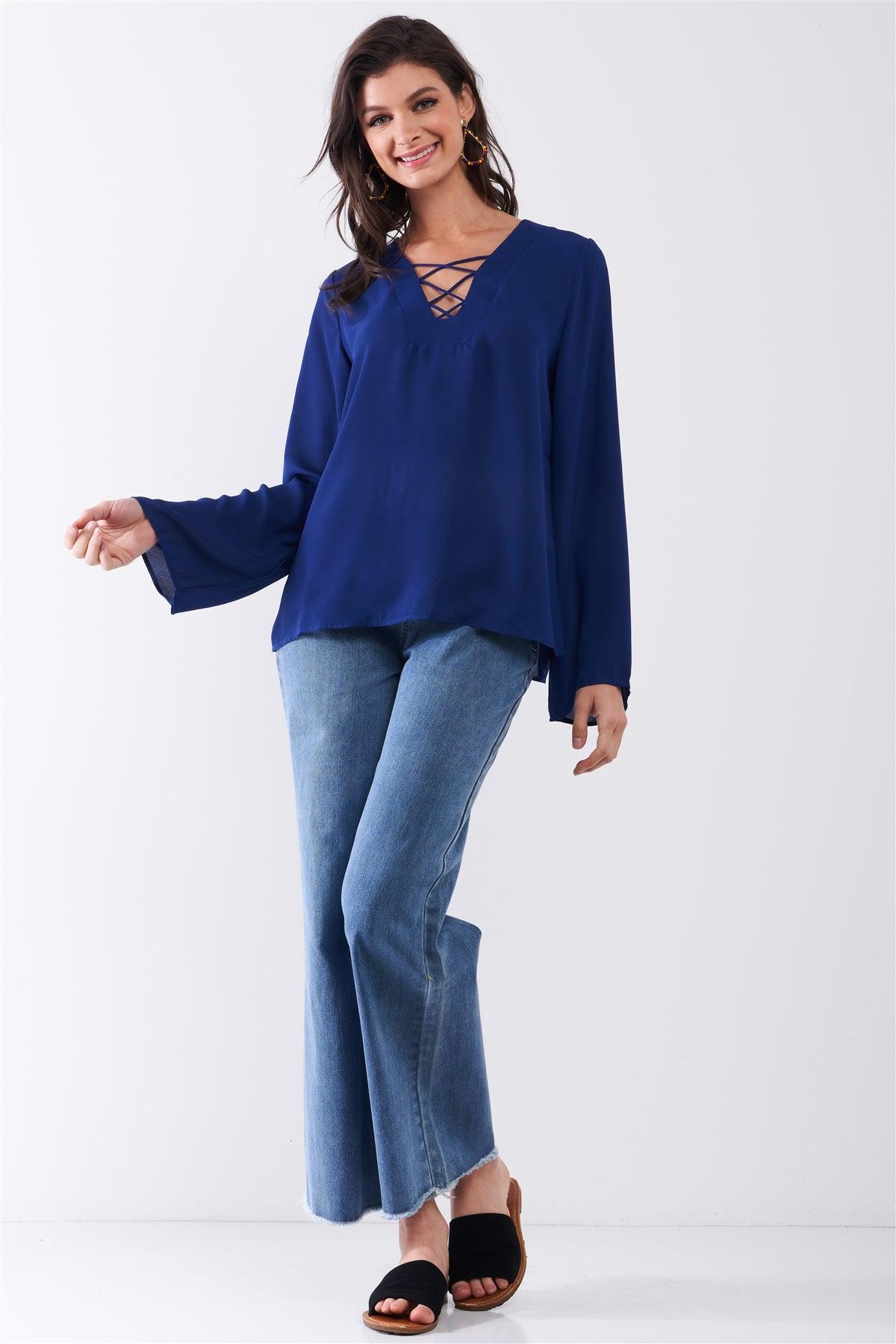 Deep Blue Long Sleeve Lace-Up Front V-Neck Detail Relaxed Blouse Top /1-1-2