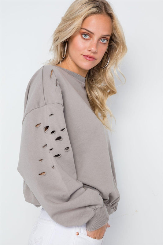 Elephant Skin Grey Distressed Long Sleeve Sweater