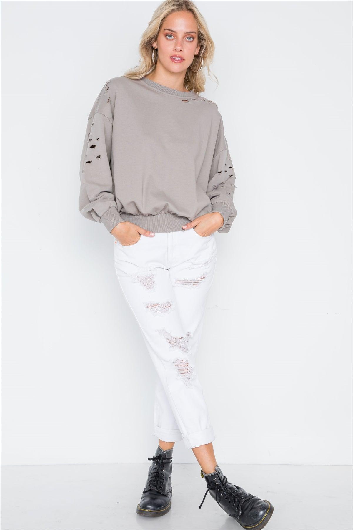 Elephant Skin Grey Distressed Long Sleeve Sweater /2-2-2