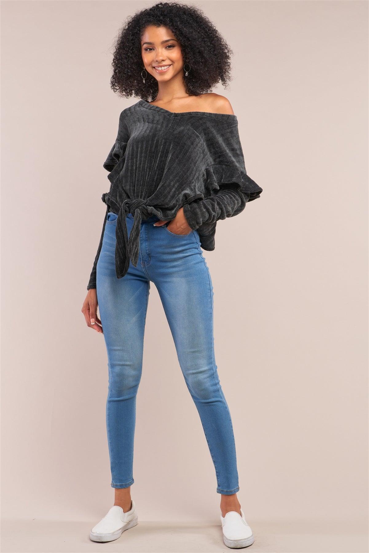 Charcoal Ribbed Plush V-Neck Long Sleeve Ruffle Trim Self-Tie Front Detail Sweater /2-2