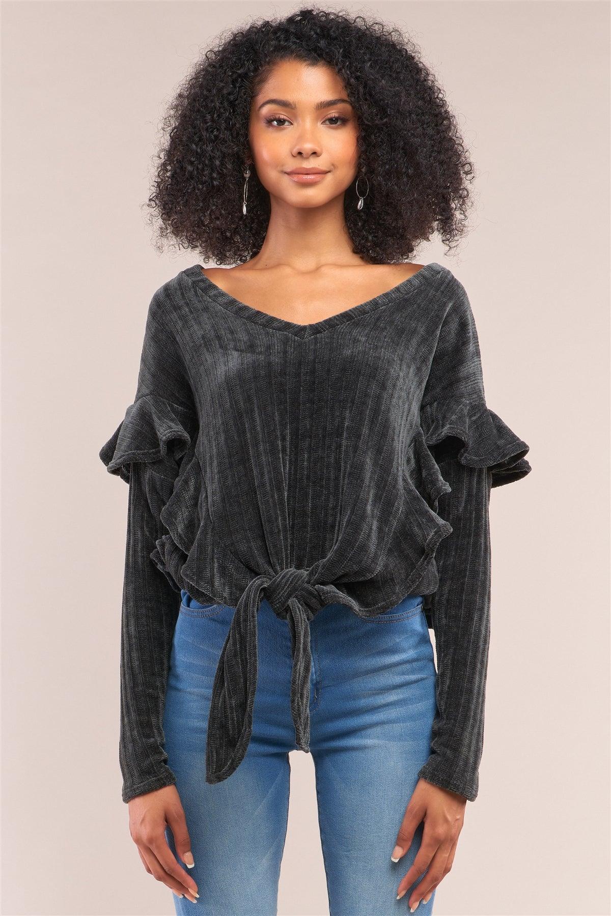 Charcoal Ribbed Plush V-Neck Long Sleeve Ruffle Trim Self-Tie Front Detail Sweater /2-2