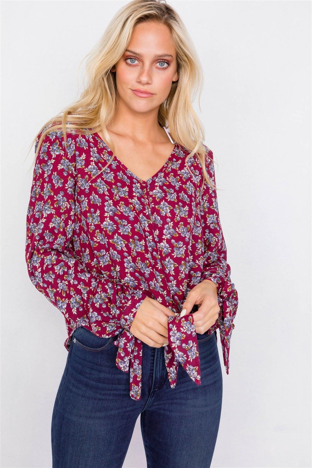 Burgundy High-Low Center Tie Scoop Neck Blouse /3-2-1