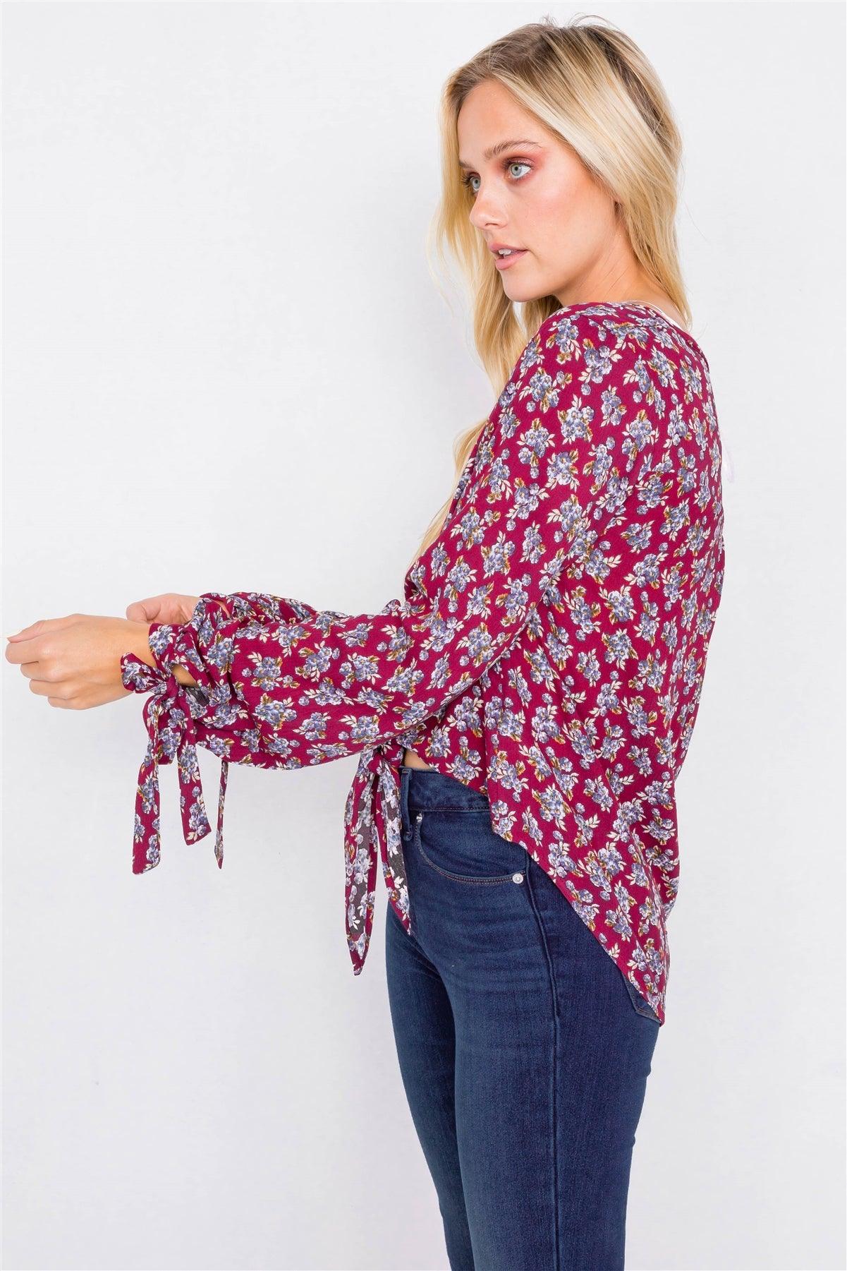 Burgundy High-Low Center Tie Scoop Neck Blouse /3-2-1