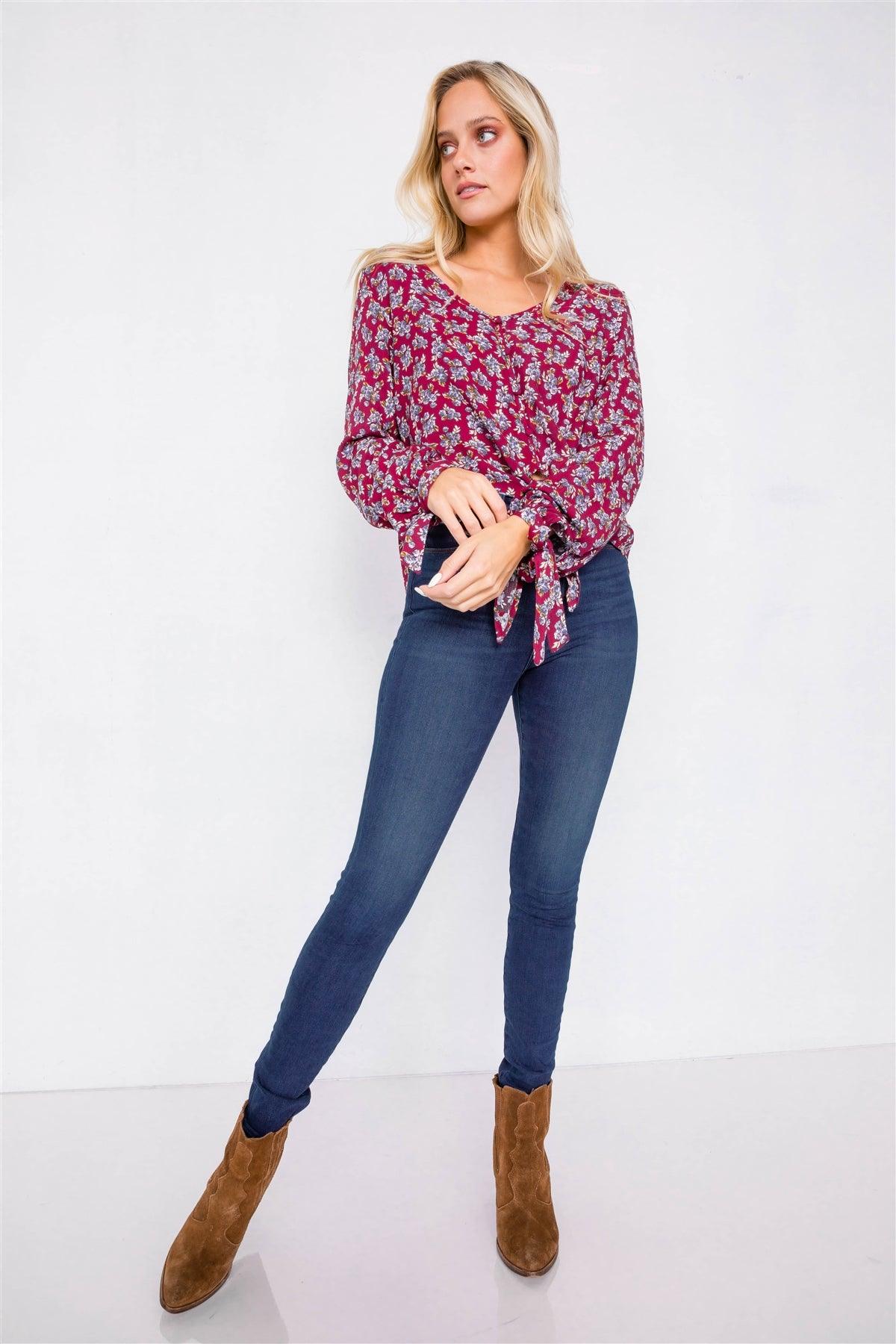 Burgundy High-Low Center Tie Scoop Neck Blouse /3-2-1