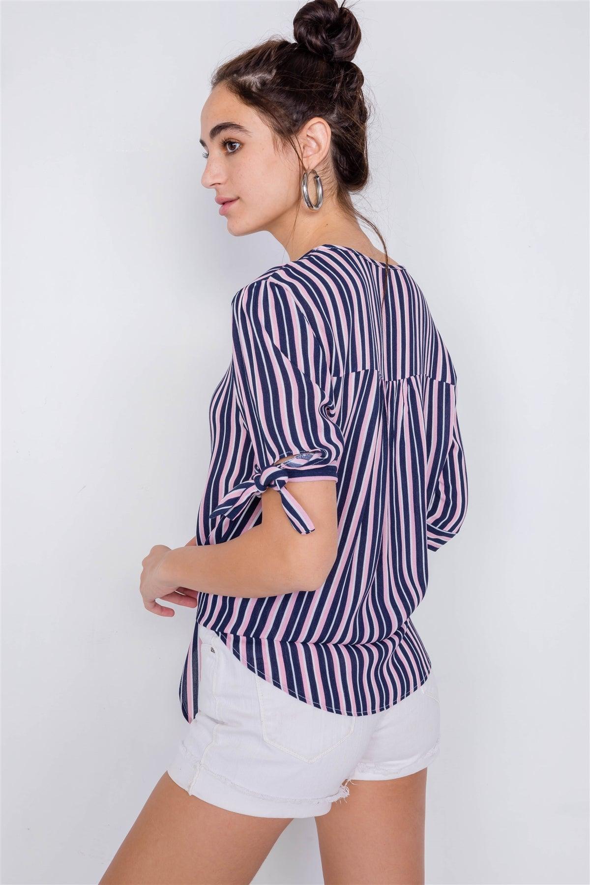 Navy & Pink Stripe 3/4 Sleeve Tie Cuff Office Chic Blouse  /3-2-1