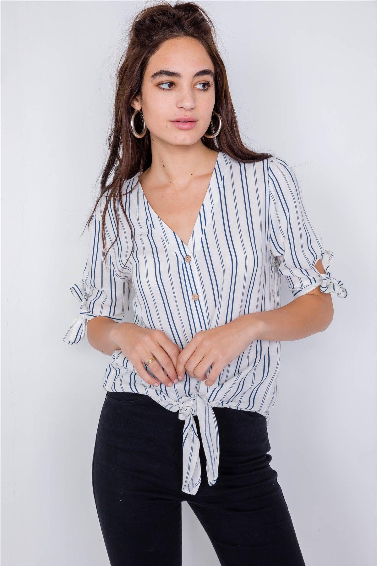 Navy & White Stripe 3/4 Sleeve Tie Cuff Office Chic Blouse   /3-2-1