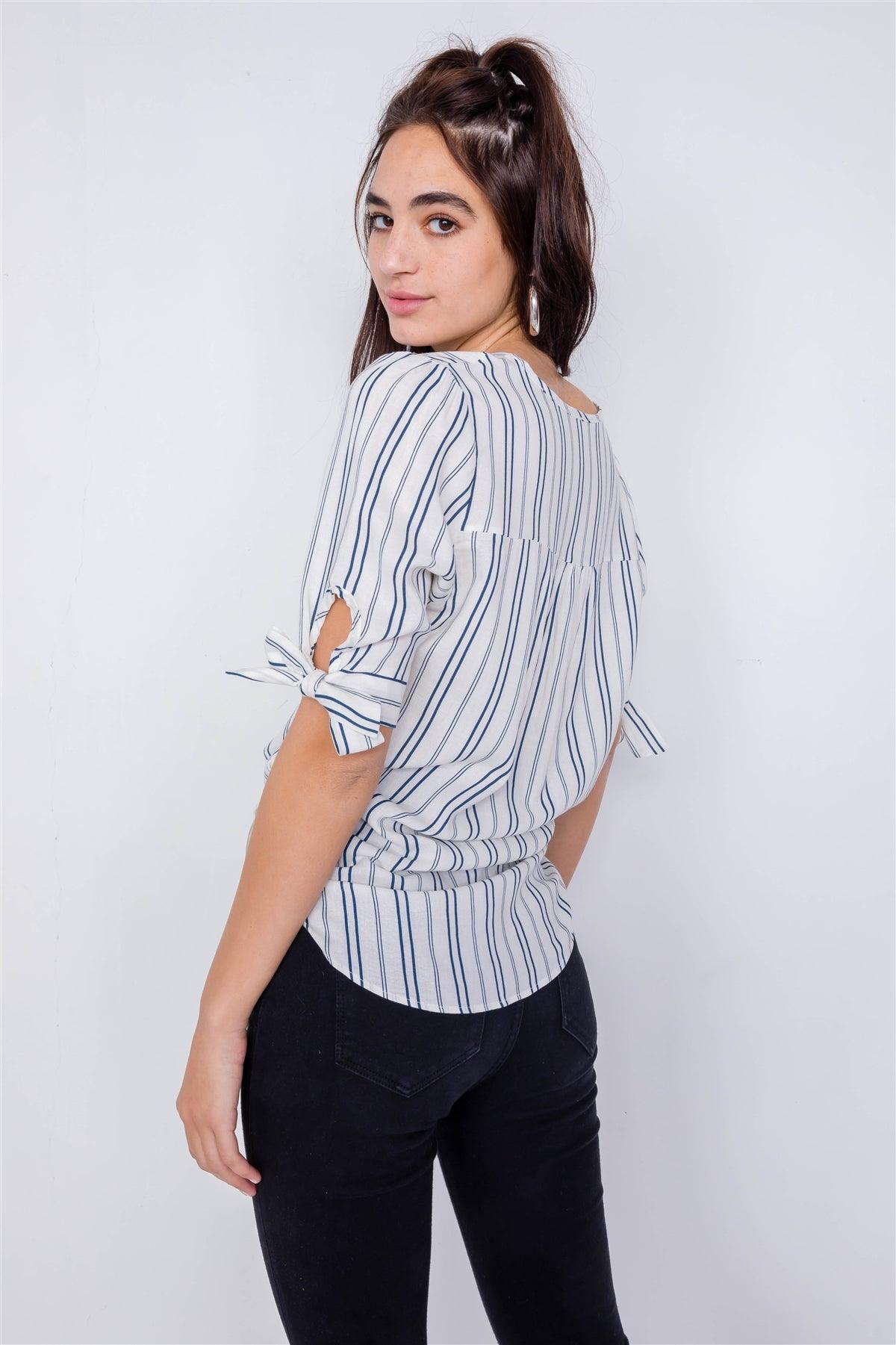 Navy & White Stripe 3/4 Sleeve Tie Cuff Office Chic Blouse   /3-2-1